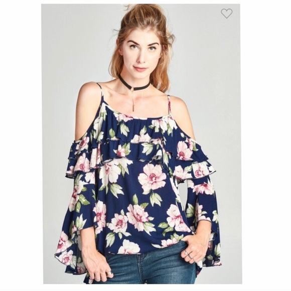 🟢 Cold Shoulder Bell Sleeve Floral Spaghetti Strap Ruffle Top - Picture 5 of 10